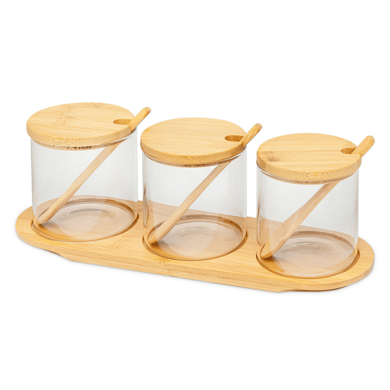 Bamboo Lid Glass Jars with Spoons - Set of 3