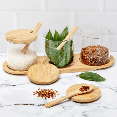 Bamboo Lid Glass Jars with Spoons - Set of 3