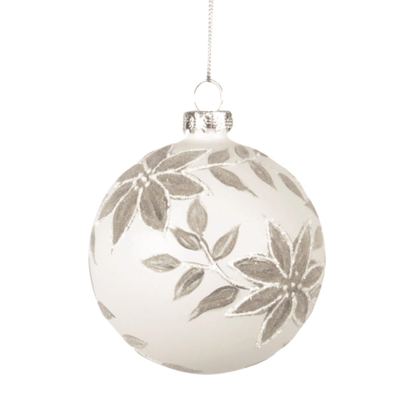 Silver Poinsettia White Glass Ornament